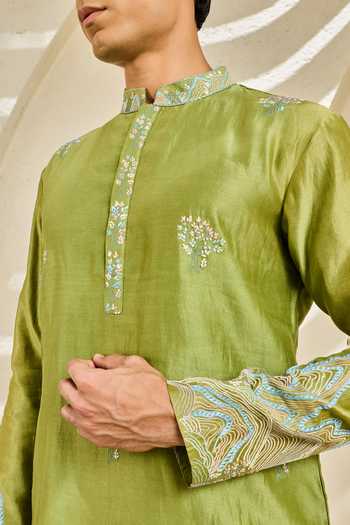 Sarab Khanijou_Green Chanderi Silk Alpine Nehru Jacket And Kurta Set _Online_at_Aza_Fashions