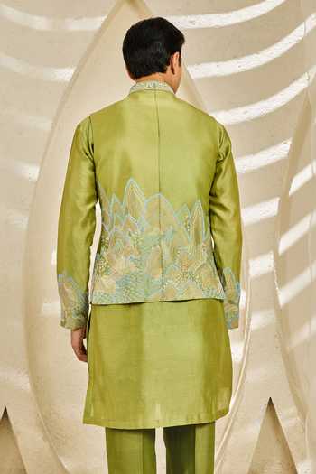 Shop_Sarab Khanijou_Green Chanderi Silk Alpine Nehru Jacket And Kurta Set _at_Aza_Fashions