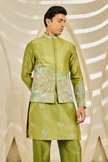 Buy_Sarab Khanijou_Green Chanderi Silk Alpine Nehru Jacket And Kurta Set _Online_at_Aza_Fashions