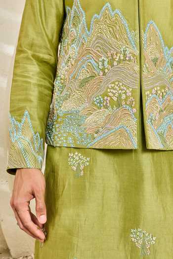 Shop_Sarab Khanijou_Green Chanderi Silk Alpine Nehru Jacket And Kurta Set _Online_at_Aza_Fashions