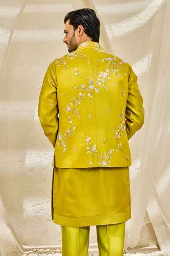 Shop_Sarab Khanijou_Yellow Chanderi Silk Floral Reverie Nehru Jacket And Kurta Set _at_Aza_Fashions