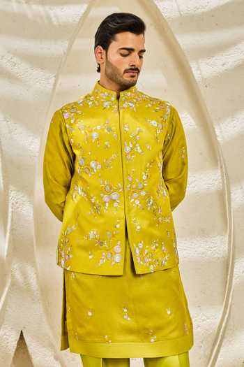 Shop_Sarab Khanijou_Yellow Chanderi Silk Floral Reverie Nehru Jacket And Kurta Set _Online_at_Aza_Fashions