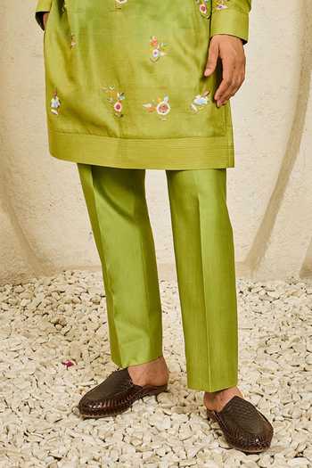 Sarab Khanijou_Green Chanderi Silk Tota Phool Nehru Jacket And Kurta Set _Online_at_Aza_Fashions