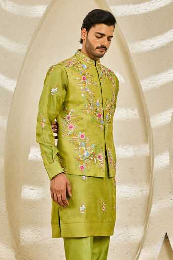 Buy_Sarab Khanijou_Green Chanderi Silk Tota Phool Nehru Jacket And Kurta Set _Online_at_Aza_Fashions