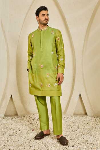 Shop_Sarab Khanijou_Green Chanderi Silk Tota Phool Nehru Jacket And Kurta Set _Online_at_Aza_Fashions