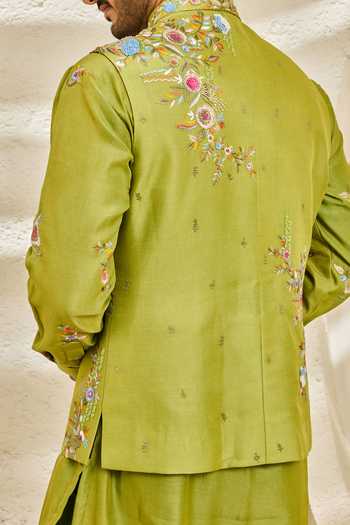 Shop_Sarab Khanijou_Green Chanderi Silk Tota Phool Nehru Jacket And Kurta Set _at_Aza_Fashions