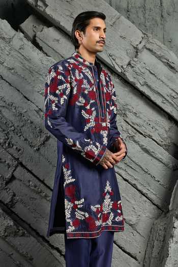Buy_Sarab Khanijou_Blue Chanderi Silk Neel Dori Embroidered Kurta Set _Online_at_Aza_Fashions