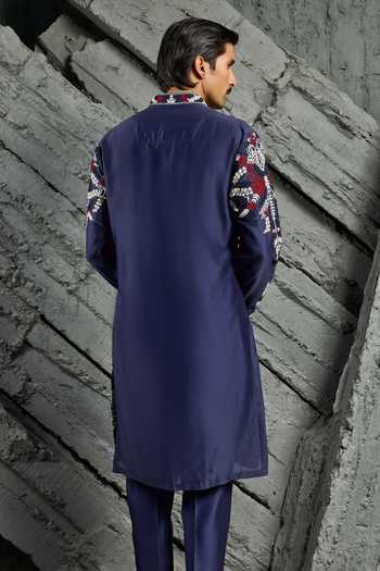 Shop_Sarab Khanijou_Blue Chanderi Silk Neel Dori Embroidered Kurta Set _at_Aza_Fashions