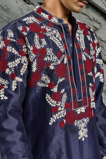 Shop_Sarab Khanijou_Blue Chanderi Silk Neel Dori Embroidered Kurta Set _Online_at_Aza_Fashions