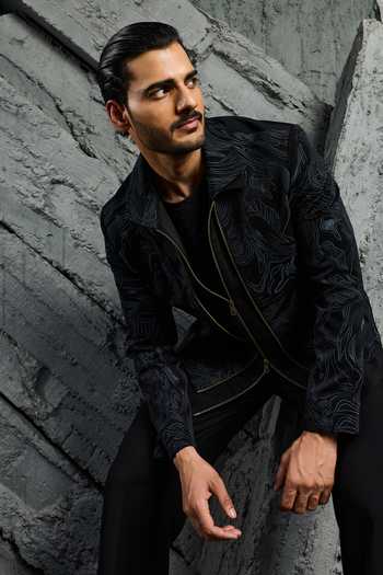 Sarab Khanijou_Black Abstract Wave Shacket And Trouser Set _Online_at_Aza_Fashions