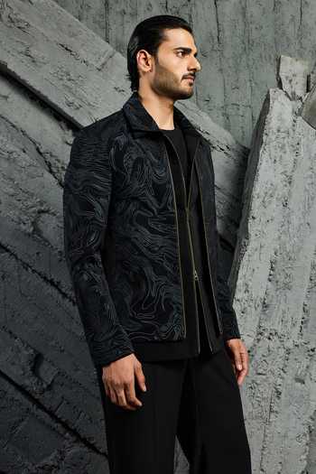 Buy_Sarab Khanijou_Black Abstract Wave Shacket And Trouser Set _Online_at_Aza_Fashions
