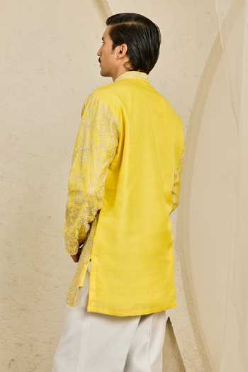 Shop_Sarab Khanijou_Yellow Chanderi Silk Peela Bagh Embroidered Short Kurta Set _at_Aza_Fashions