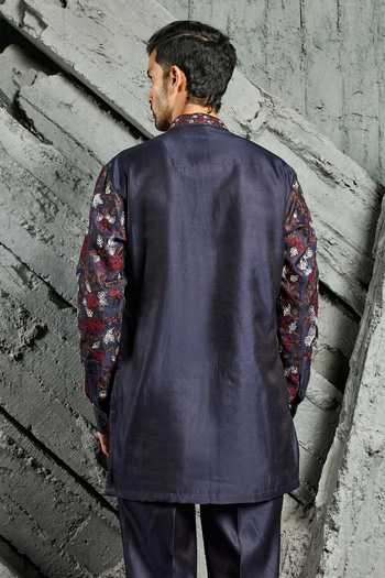Shop_Sarab Khanijou_Blue Chanderi Silk Neel Utsav Floral Embroidered Short Kurta Set _at_Aza_Fashions