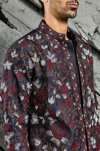 Sarab Khanijou_Blue Chanderi Silk Neel Utsav Floral Embroidered Short Kurta Set _Online_at_Aza_Fashions