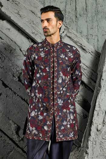 Shop_Sarab Khanijou_Blue Chanderi Silk Neel Utsav Floral Embroidered Short Kurta Set _Online_at_Aza_Fashions