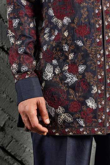 Sarab Khanijou_Blue Chanderi Silk Neel Utsav Floral Embroidered Short Kurta Set _at_Aza_Fashions