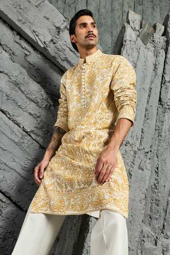 Shop_Sarab Khanijou_Ivory Chanderi Silk Gulzar Floreal Embroidered Kurta Set _at_Aza_Fashions