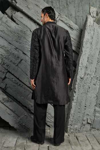 Shop_Sarab Khanijou_Black Chanderi Silk Sham Embroidered Kurta Set _at_Aza_Fashions