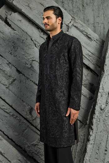 Buy_Sarab Khanijou_Black Chanderi Silk Sham Embroidered Kurta Set _Online_at_Aza_Fashions