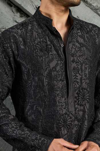 Shop_Sarab Khanijou_Black Chanderi Silk Sham Embroidered Kurta Set _Online_at_Aza_Fashions