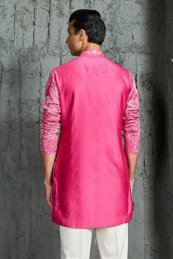 Shop_Sarab Khanijou_Pink Chanderi Silk Peony Glow Leaf Embroidered Short Kurta Set _at_Aza_Fashions
