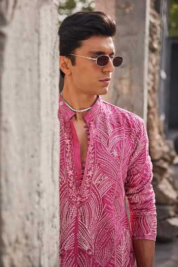 Sarab Khanijou_Pink Chanderi Silk Peony Glow Leaf Embroidered Short Kurta Set _Online_at_Aza_Fashions