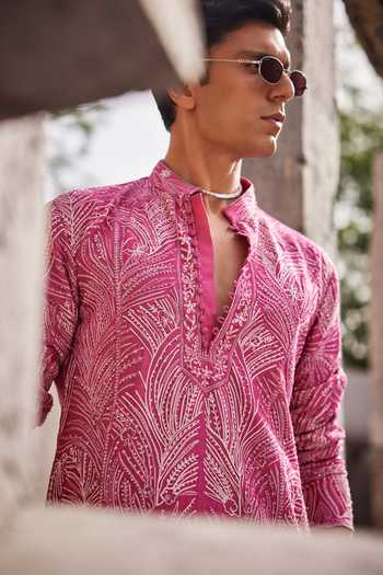 Buy_Sarab Khanijou_Pink Chanderi Silk Peony Glow Leaf Embroidered Short Kurta Set _Online_at_Aza_Fashions