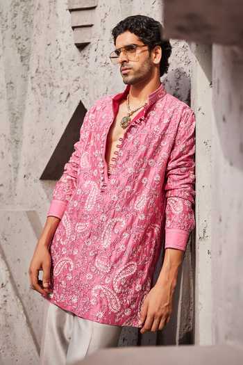 Shop_Sarab Khanijou_Pink Chanderi Silk Peony Glow Leaf Embroidered Short Kurta Set _Online_at_Aza_Fashions