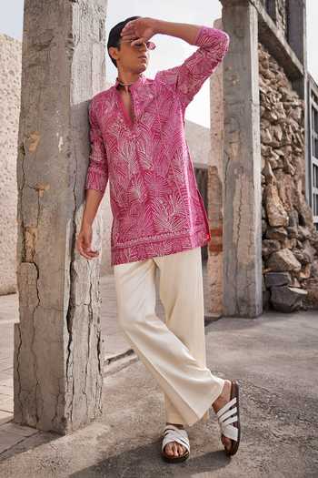 Sarab Khanijou_Pink Chanderi Silk Peony Glow Leaf Embroidered Short Kurta Set _at_Aza_Fashions