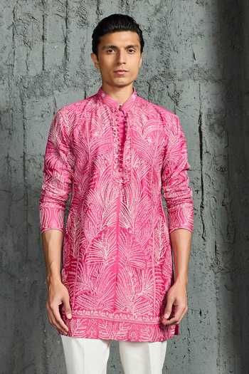 Buy_Sarab Khanijou_Pink Chanderi Silk Peony Glow Leaf Embroidered Short Kurta Set _at_Aza_Fashions