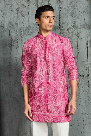 Buy_Sarab Khanijou_Pink Chanderi Silk Peony Glow Leaf Embroidered Short Kurta Set 