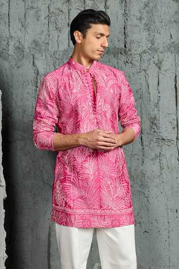Shop_Sarab Khanijou_Pink Chanderi Silk Peony Glow Leaf Embroidered Short Kurta Set 
