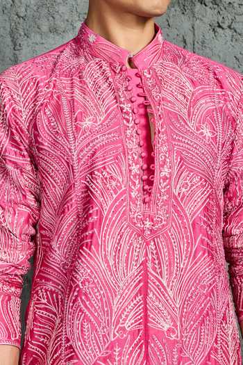 Sarab Khanijou_Pink Chanderi Silk Peony Glow Leaf Embroidered Short Kurta Set _Online