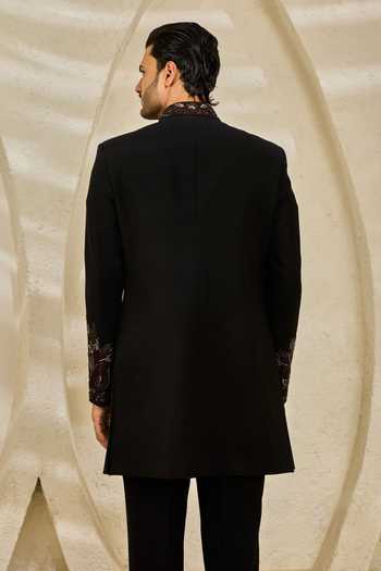 Shop_Sarab Khanijou_Black Embroidery Veil Hand Bandhgala Set _at_Aza_Fashions