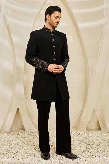 Buy_Sarab Khanijou_Black Embroidery Veil Hand Bandhgala Set _Online_at_Aza_Fashions