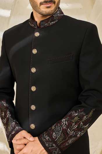 Sarab Khanijou_Black Embroidery Veil Hand Bandhgala Set _at_Aza_Fashions