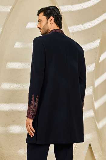 Shop_Sarab Khanijou_Blue Indigo Mehrab Embroidered Sherwani Set _at_Aza_Fashions