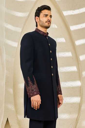 Buy_Sarab Khanijou_Blue Indigo Mehrab Embroidered Sherwani Set _Online_at_Aza_Fashions