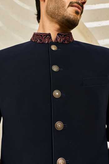 Shop_Sarab Khanijou_Blue Indigo Mehrab Embroidered Sherwani Set _Online_at_Aza_Fashions