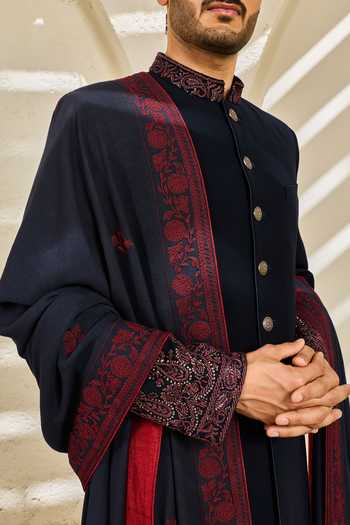 Sarab Khanijou_Blue Indigo Mehrab Embroidered Sherwani Set _at_Aza_Fashions