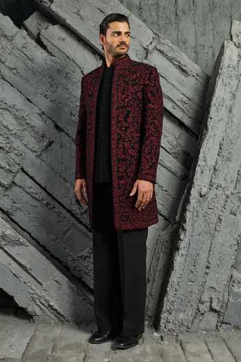 Buy_Sarab Khanijou_Wine Jamawar Embroidered Jacket Trouser Set _at_Aza_Fashions