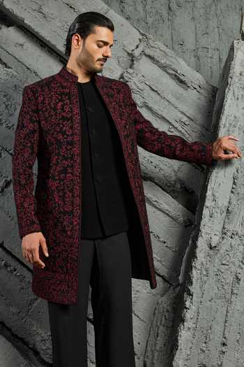 Buy_Sarab Khanijou_Wine Jamawar Embroidered Jacket Trouser Set _Online_at_Aza_Fashions
