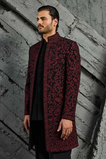 Shop_Sarab Khanijou_Wine Jamawar Embroidered Jacket Trouser Set _Online_at_Aza_Fashions