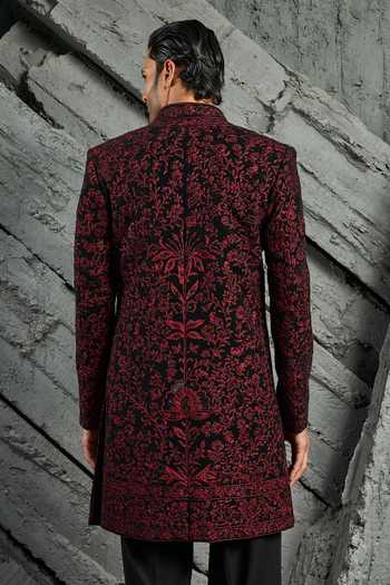 Shop_Sarab Khanijou_Wine Jamawar Embroidered Jacket Trouser Set _at_Aza_Fashions