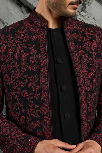 Sarab Khanijou_Wine Jamawar Embroidered Jacket Trouser Set _at_Aza_Fashions