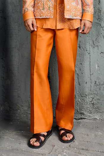 Sarab Khanijou_Orange Chanderi Silk Amber Embroidered Jacket And Trouser Set _Online_at_Aza_Fashions
