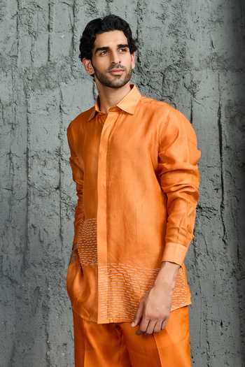 Buy_Sarab Khanijou_Orange Chanderi Silk Amber Embroidered Jacket And Trouser Set _Online_at_Aza_Fashions