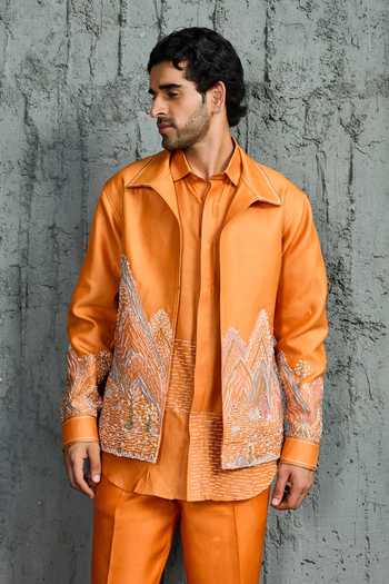 Shop_Sarab Khanijou_Orange Chanderi Silk Amber Embroidered Jacket And Trouser Set _at_Aza_Fashions