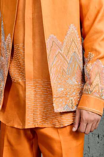 Shop_Sarab Khanijou_Orange Chanderi Silk Amber Embroidered Jacket And Trouser Set _Online_at_Aza_Fashions