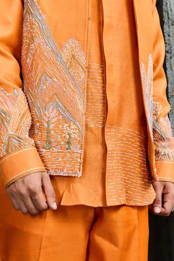 Sarab Khanijou_Orange Chanderi Silk Amber Embroidered Jacket And Trouser Set _at_Aza_Fashions